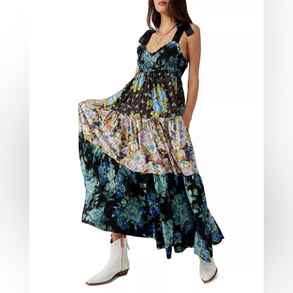 Free People Bluebell Floral Tiered Maxi Dress Cool Combo Size Large NWT